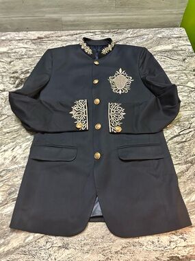 Handwork Embroidered Navy  Bandhgala suit Nehru with Gold Buttons S